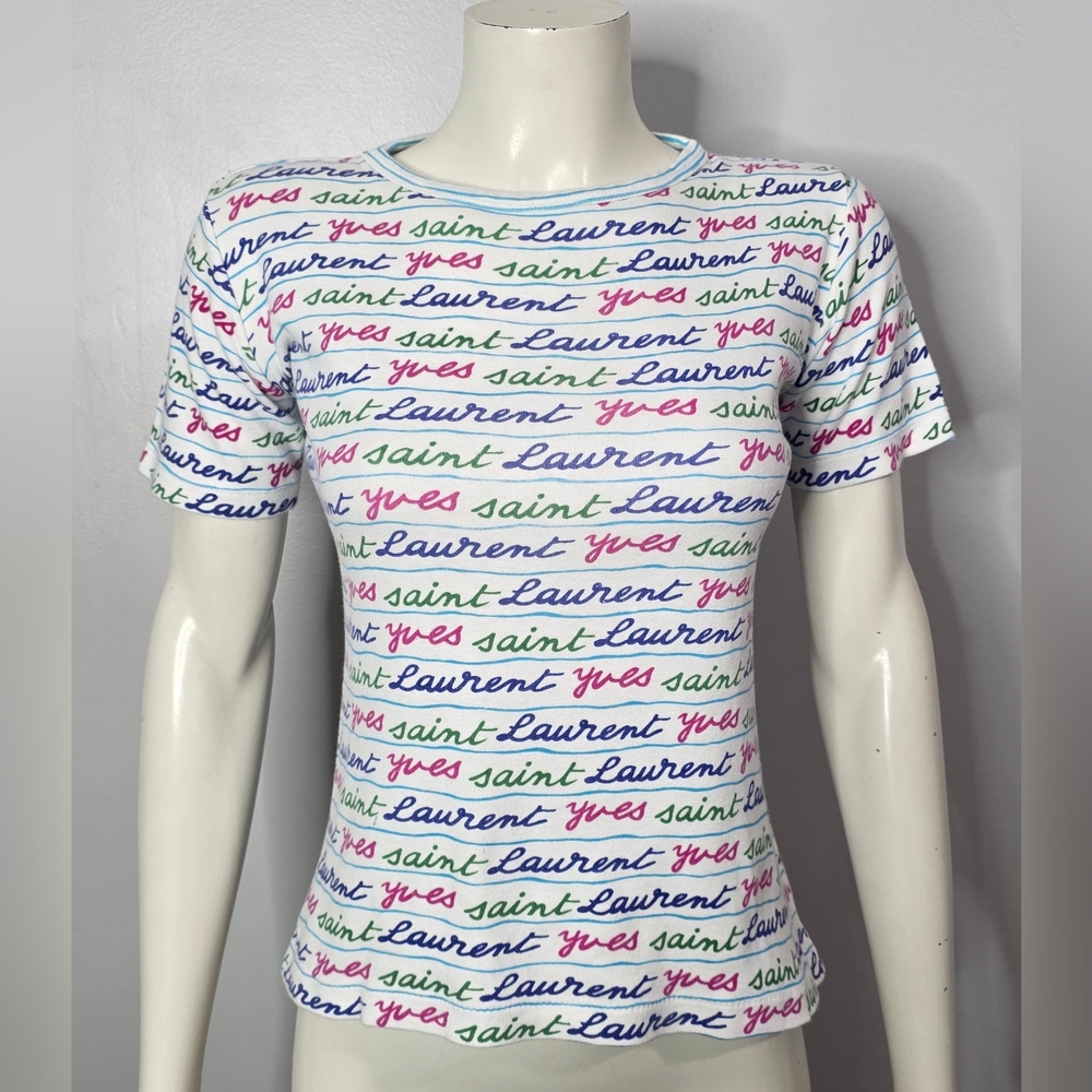 Vintage Yves Saint Laurent Multicolor Logo Print Women's Top